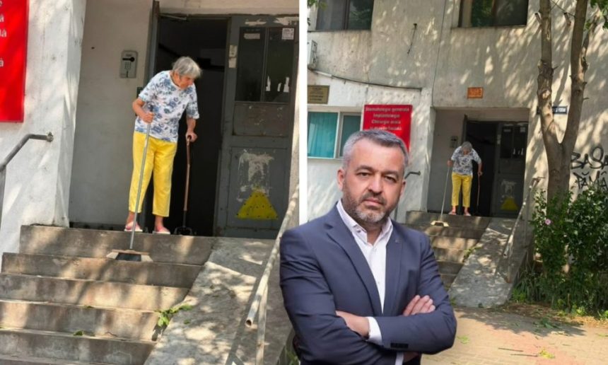 Rampa de acces la Vaslui utila doar pentru fotografii primarul se lauda cu o batrana care urca scarile cu bastonul in timp ce rampa este inutilizabila
